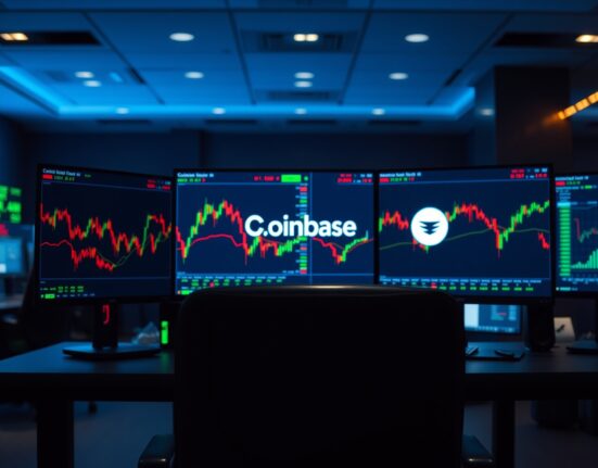 Trading desk with monitors showing cryptocurrency and stock charts, representing Coinbase's new perpetual futures for AI stocks.