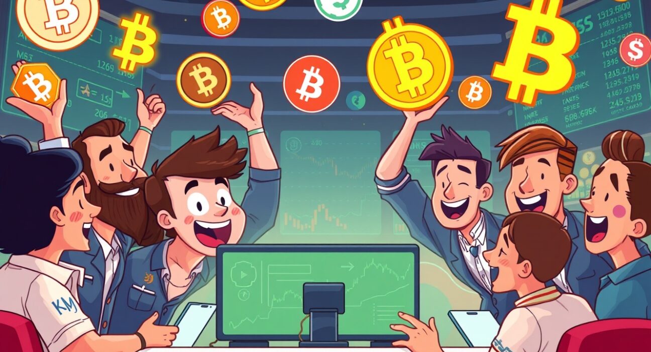Cartoon illustration of traders celebrating the expansion of Coinbase perpetual futures offerings, symbolizing new opportunities in crypto.