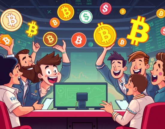 Cartoon illustration of traders celebrating the expansion of Coinbase perpetual futures offerings, symbolizing new opportunities in crypto.