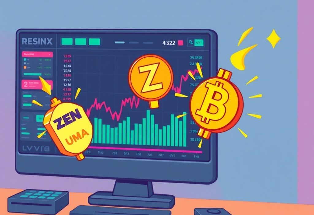 Cartoon illustration of a dynamic trading screen featuring Coinbase perpetual futures for ZEN, UMA, and GMX, highlighting new market opportunities.