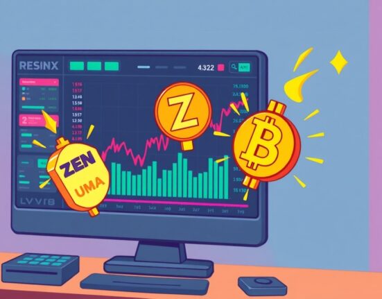 Cartoon illustration of a dynamic trading screen featuring Coinbase perpetual futures for ZEN, UMA, and GMX, highlighting new market opportunities.