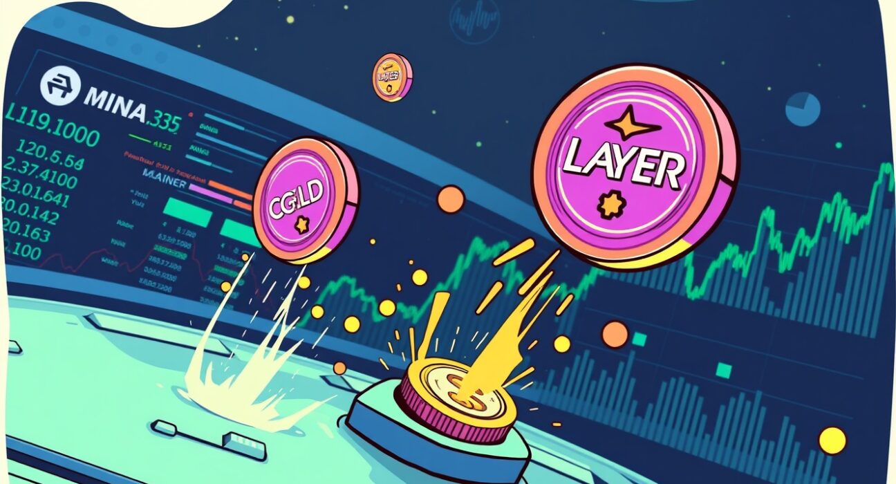 Cartoon showing new Coinbase perpetual futures for CGLD, MINA, and LAYER expanding market access for traders.