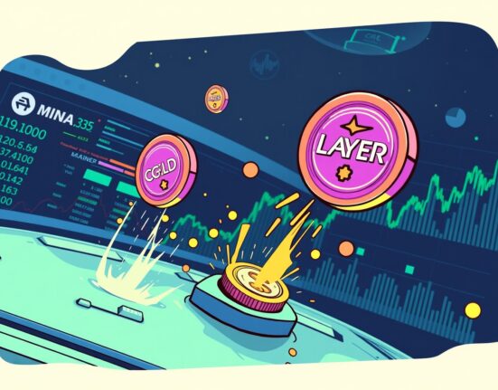 Cartoon showing new Coinbase perpetual futures for CGLD, MINA, and LAYER expanding market access for traders.