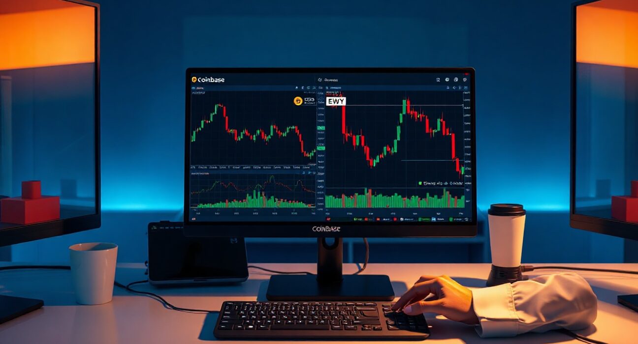 Trading desk monitors showing Coinbase perpetual futures for MRVL and EWY