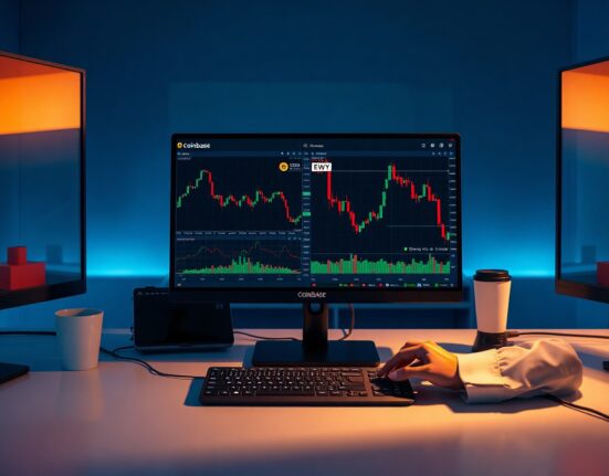 Trading desk monitors showing Coinbase perpetual futures for MRVL and EWY