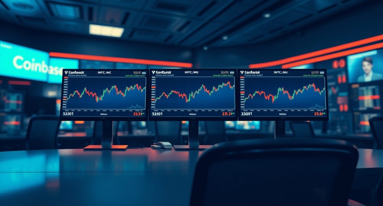 Trading screens showing Coinbase perpetual futures for Intel, Micron, and SanDisk stocks on a professional trading desk