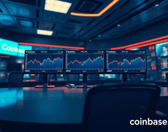 Trading screens showing Coinbase perpetual futures for Intel, Micron, and SanDisk stocks on a professional trading desk