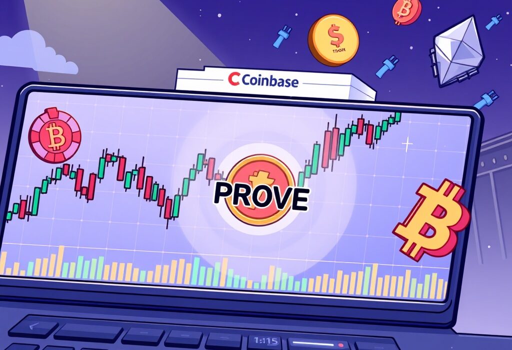 A cartoon depiction of a trading screen showing Coinbase perpetual futures for Succinct (PROVE), symbolizing new crypto derivative opportunities.
