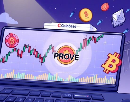 A cartoon depiction of a trading screen showing Coinbase perpetual futures for Succinct (PROVE), symbolizing new crypto derivative opportunities.