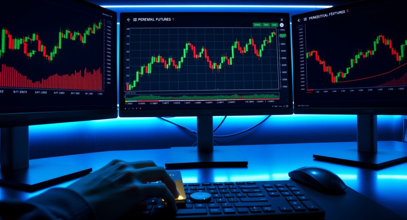 Trading desk monitors showing Coinbase perpetual futures charts with gold and silver bars on desk