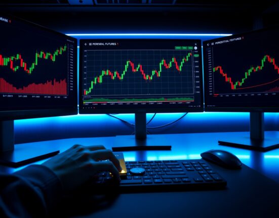 Trading desk monitors showing Coinbase perpetual futures charts with gold and silver bars on desk