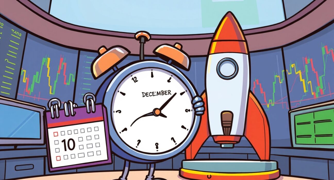 Cartoon of a delayed Coinbase PLUME listing with a sad clock and a waiting rocket.