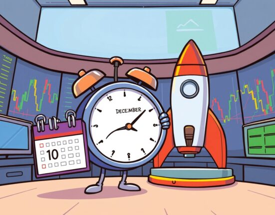 Cartoon of a delayed Coinbase PLUME listing with a sad clock and a waiting rocket.