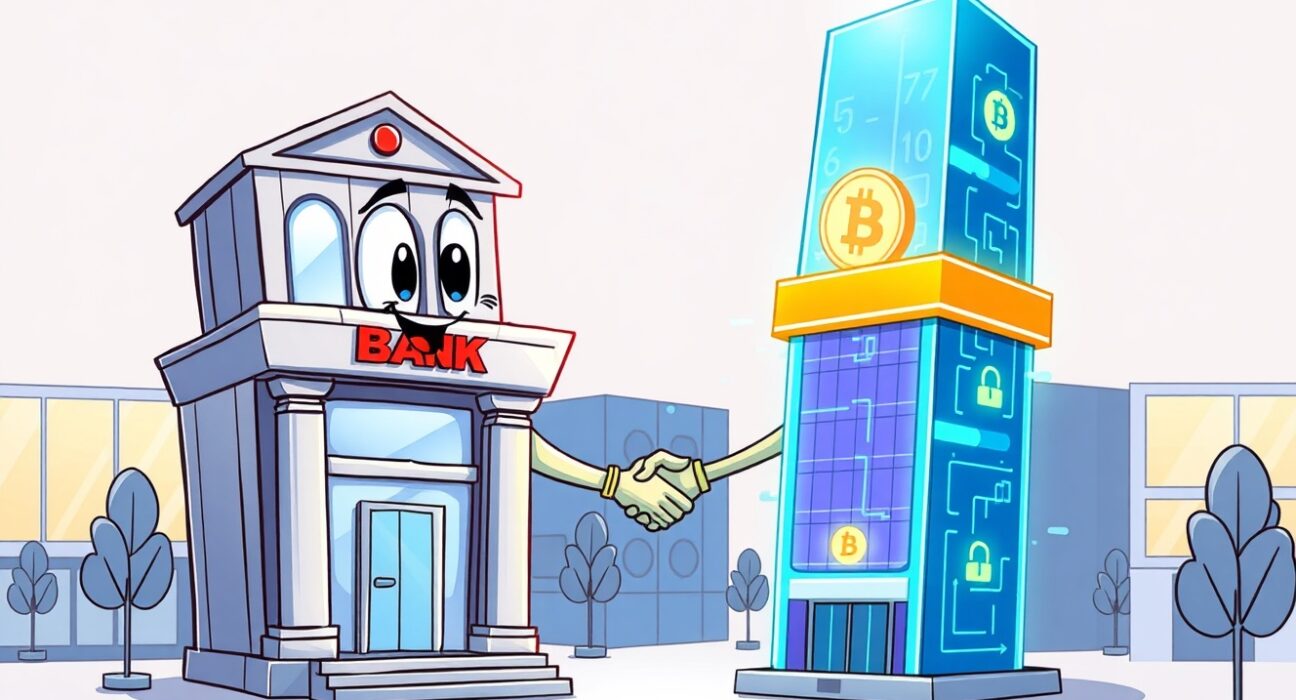 A cartoon illustration showing a bank and a crypto exchange partnering for Bitcoin spot trading.
