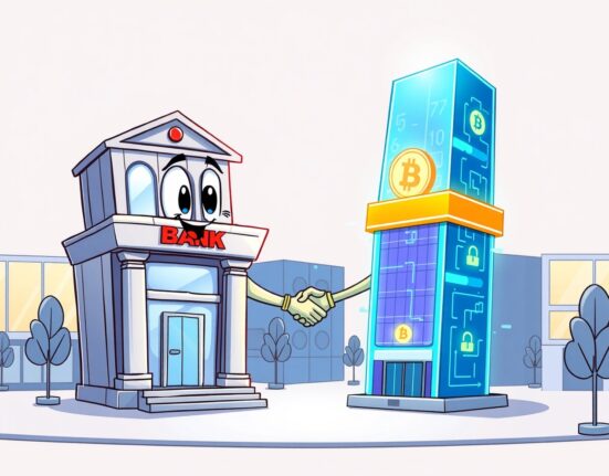 A cartoon illustration showing a bank and a crypto exchange partnering for Bitcoin spot trading.