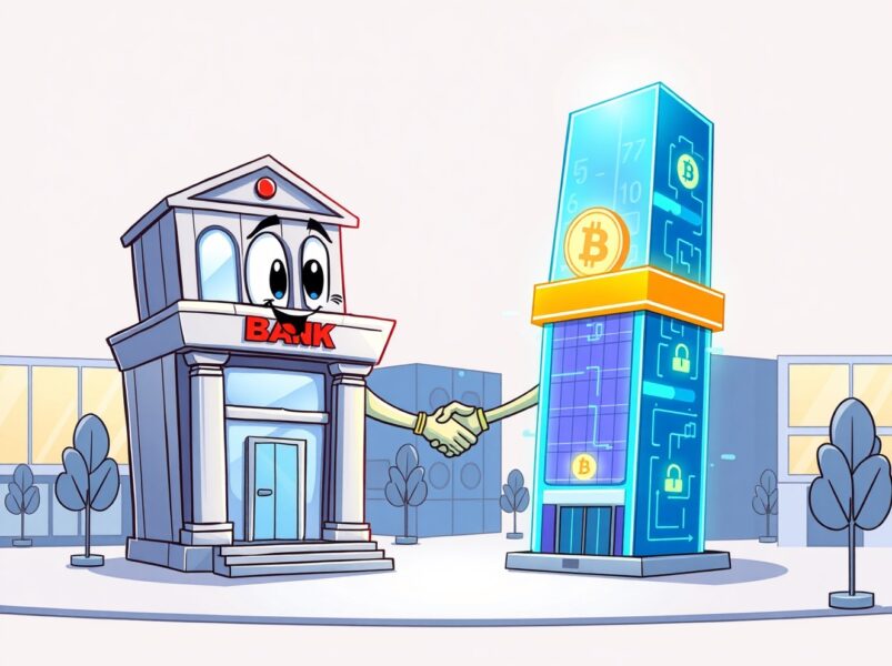 A cartoon illustration showing a bank and a crypto exchange partnering for Bitcoin spot trading.