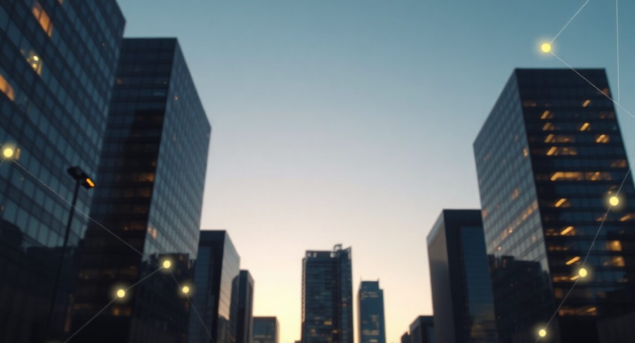 City skyline at dusk with digital network overlay representing crypto regulation and stablecoins
