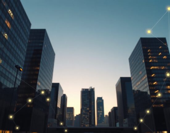 City skyline at dusk with digital network overlay representing crypto regulation and stablecoins
