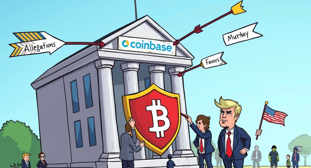 Cartoon illustration of Coinbase deflecting allegations about its political donations, highlighting transparency and bipartisan engagement.