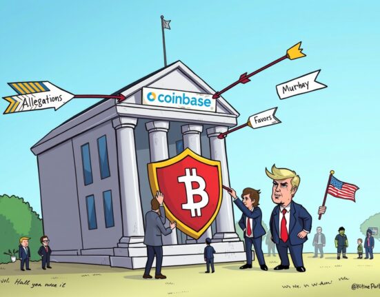 Cartoon illustration of Coinbase deflecting allegations about its political donations, highlighting transparency and bipartisan engagement.
