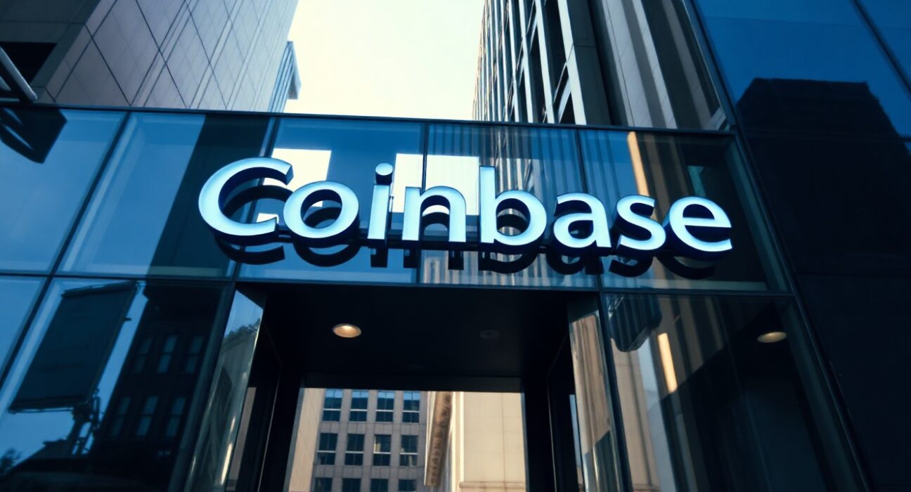 Coinbase headquarters building exterior with digital overlay representing trading and blockchain technology.