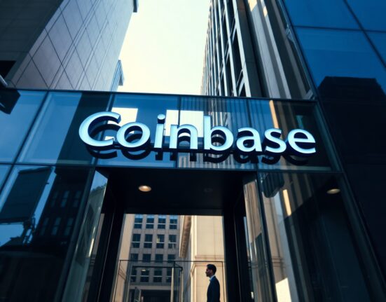 Coinbase headquarters building exterior with digital overlay representing trading and blockchain technology.