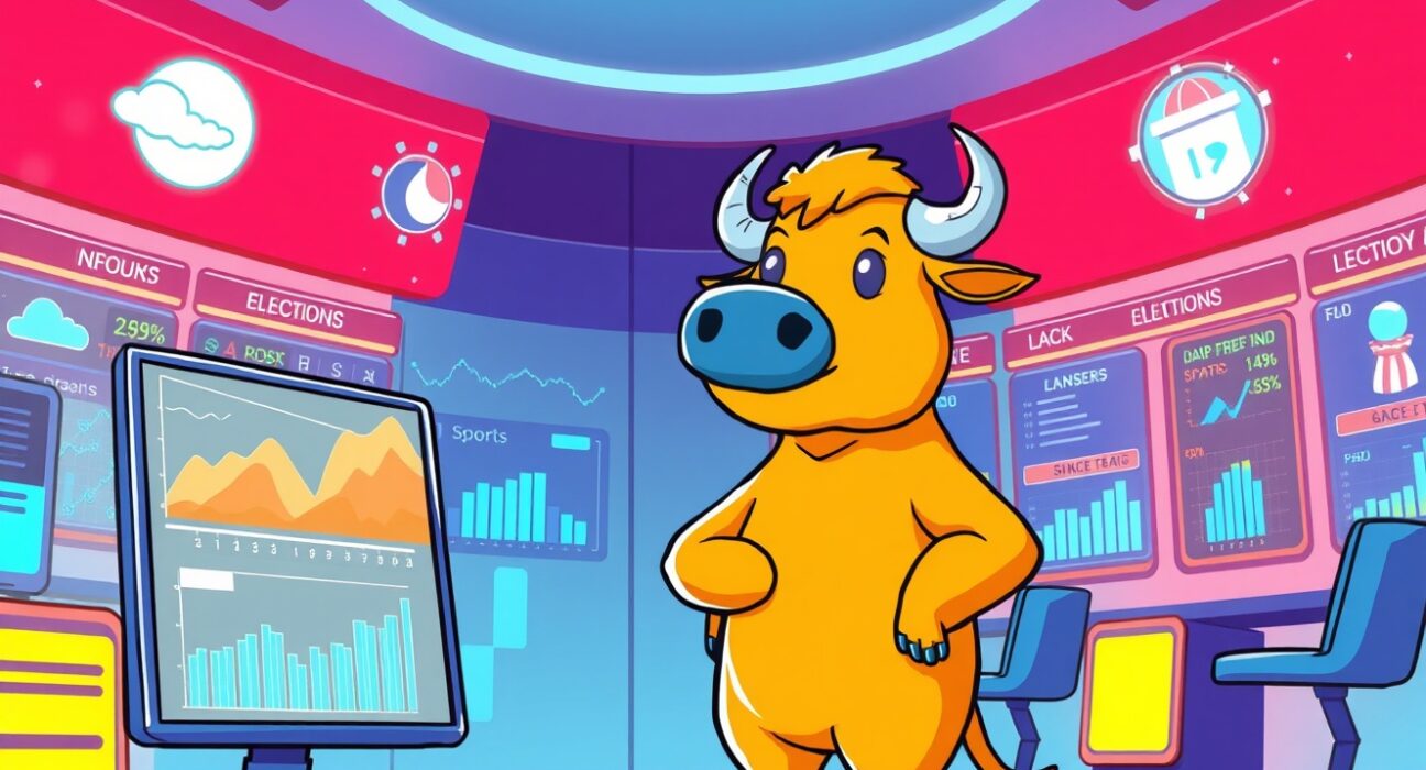 A vibrant cartoon illustration of the new Coinbase prediction market platform for trading event contracts.