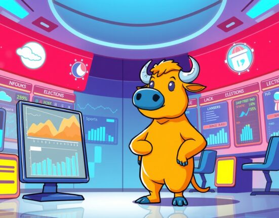 A vibrant cartoon illustration of the new Coinbase prediction market platform for trading event contracts.