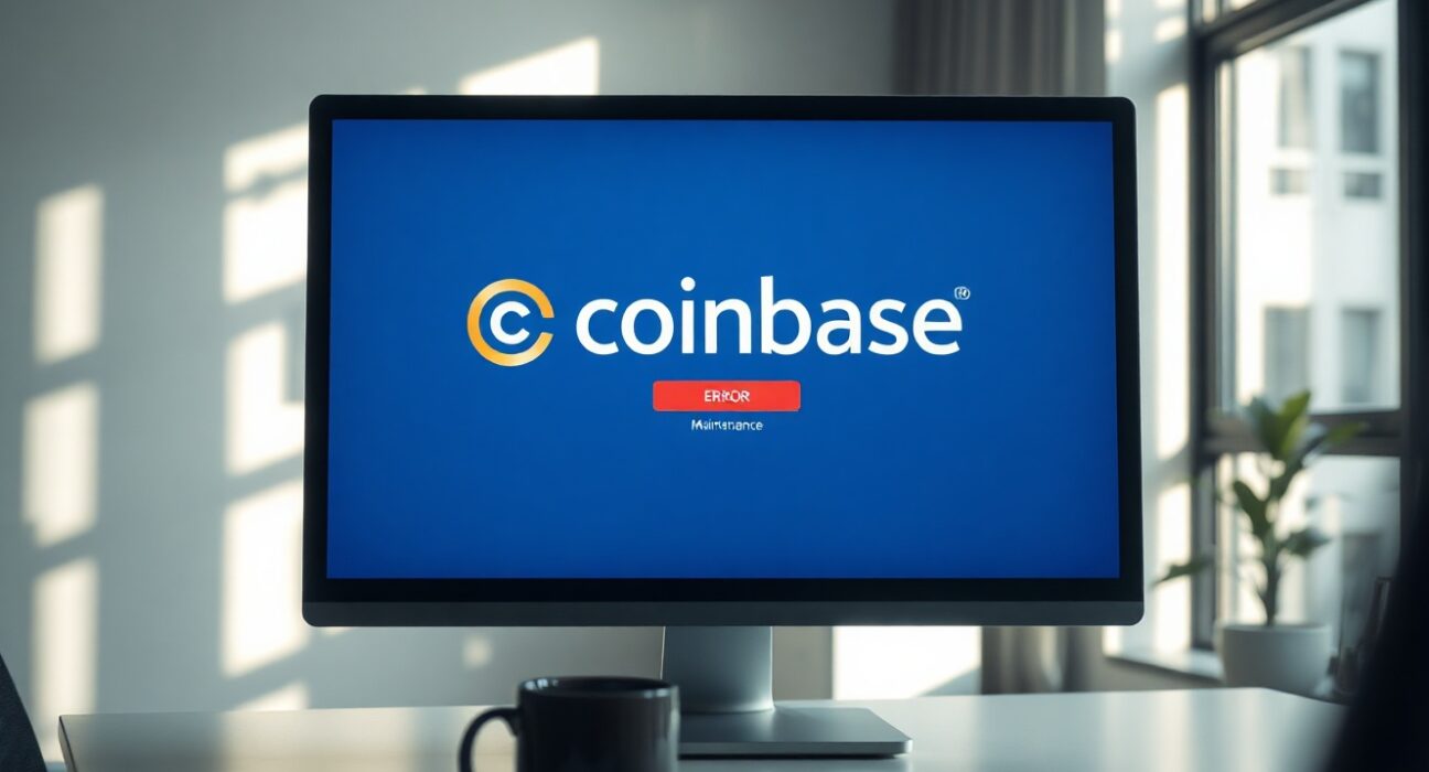 Computer monitor displaying Coinbase logo with a red error alert in a professional office setting