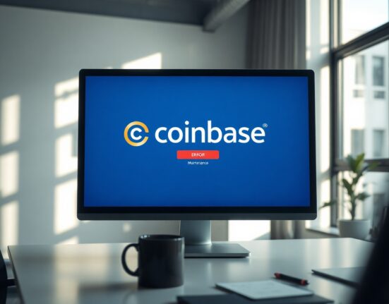Computer monitor displaying Coinbase logo with a red error alert in a professional office setting