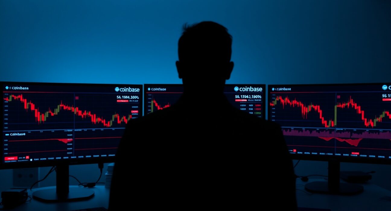 Bitcoin price chart showing decline on Coinbase trading platform monitors in a dimly lit office
