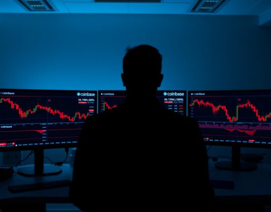 Bitcoin price chart showing decline on Coinbase trading platform monitors in a dimly lit office
