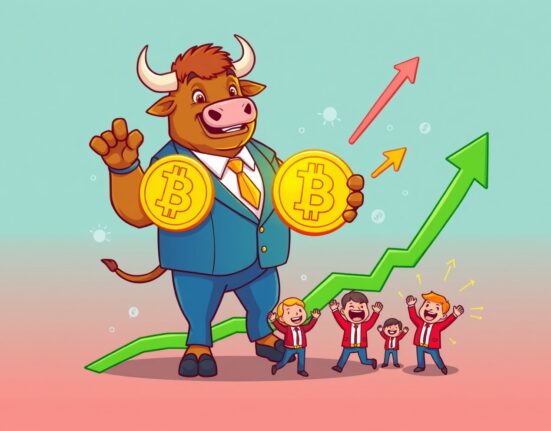 Bullish cartoon bull celebrating a positive Coinbase Premium signal for Bitcoin investment
