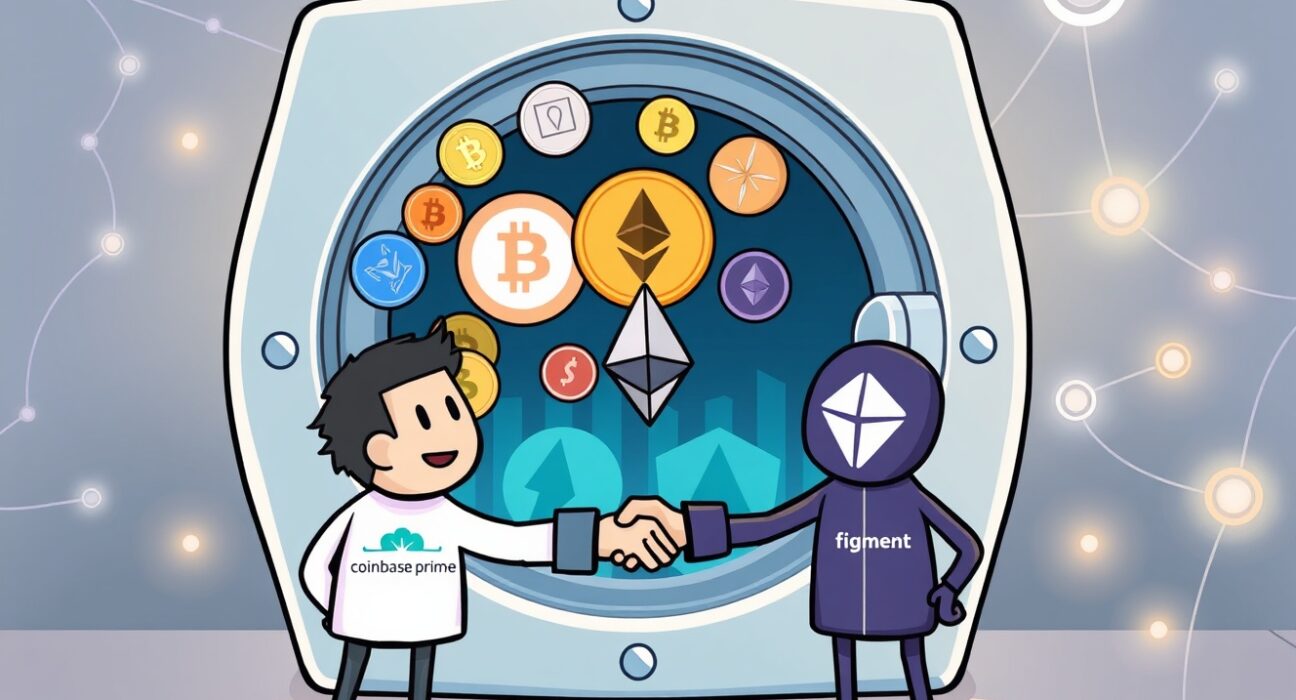 Cartoon illustration depicting Coinbase Prime staking expansion, showing various crypto assets being securely staked through a partnership.
