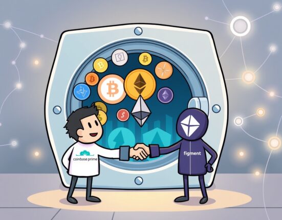 Cartoon illustration depicting Coinbase Prime staking expansion, showing various crypto assets being securely staked through a partnership.