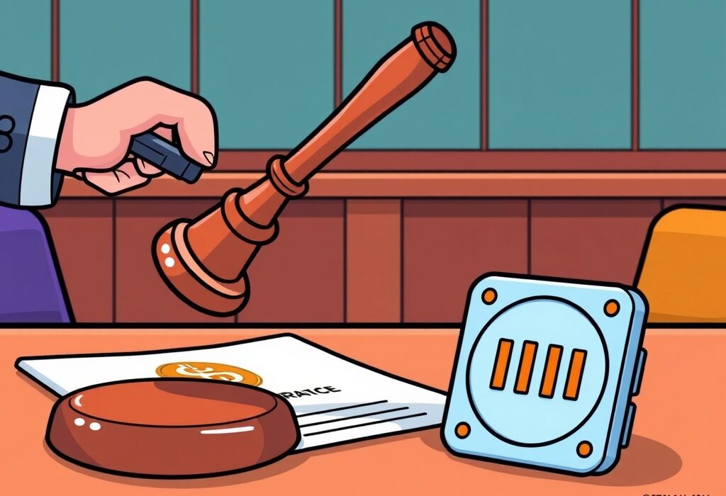 Cartoon showing a judge's gavel pausing a legal document with a face scan icon, symbolizing the Coinbase privacy lawsuit suspension.