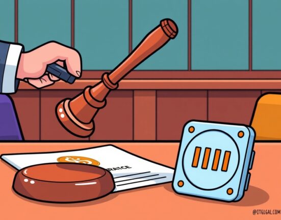 Cartoon showing a judge's gavel pausing a legal document with a face scan icon, symbolizing the Coinbase privacy lawsuit suspension.