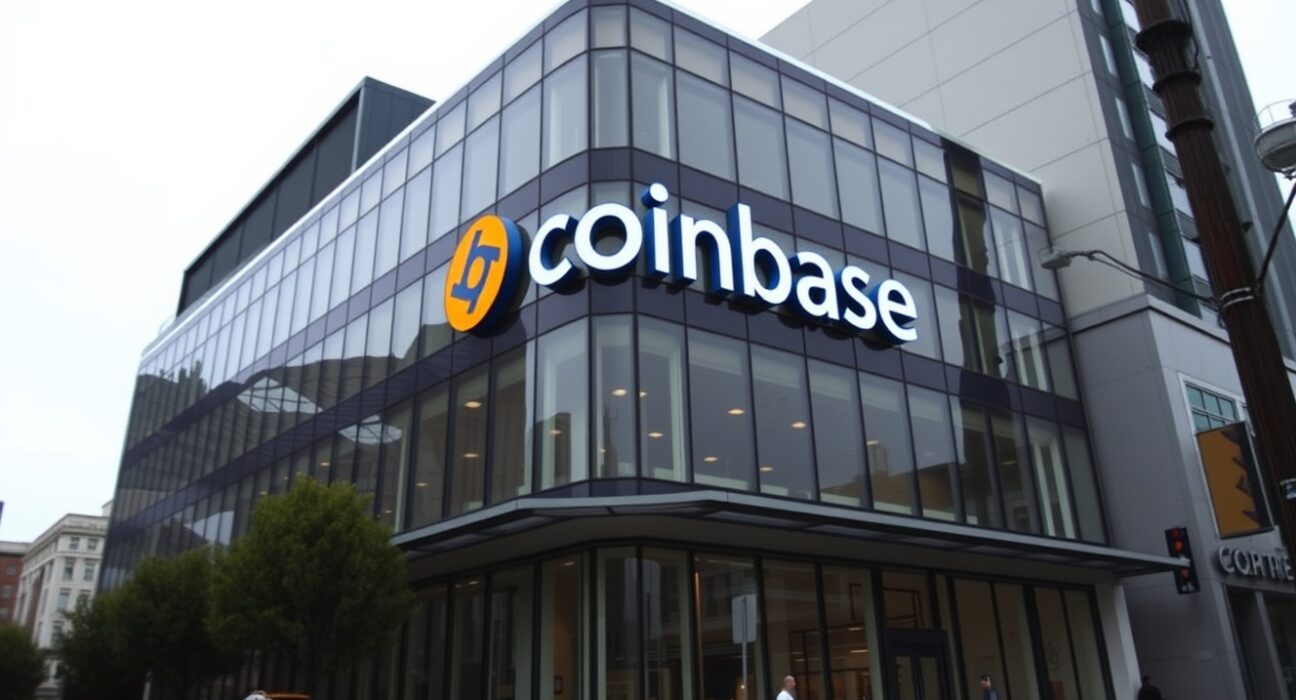 Coinbase headquarters building in San Francisco on a cloudy day