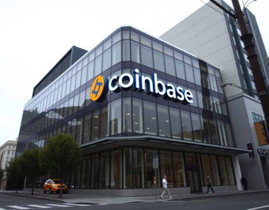Coinbase headquarters building in San Francisco on a cloudy day