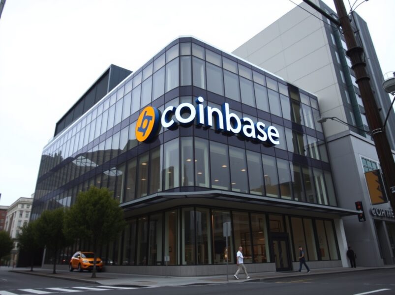 Coinbase headquarters building in San Francisco on a cloudy day