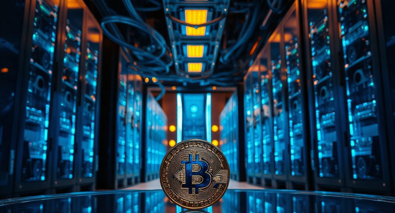 Quantum computer server room with a Bitcoin coin in foreground reflecting blue light