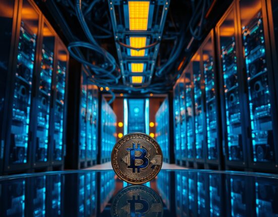 Quantum computer server room with a Bitcoin coin in foreground reflecting blue light