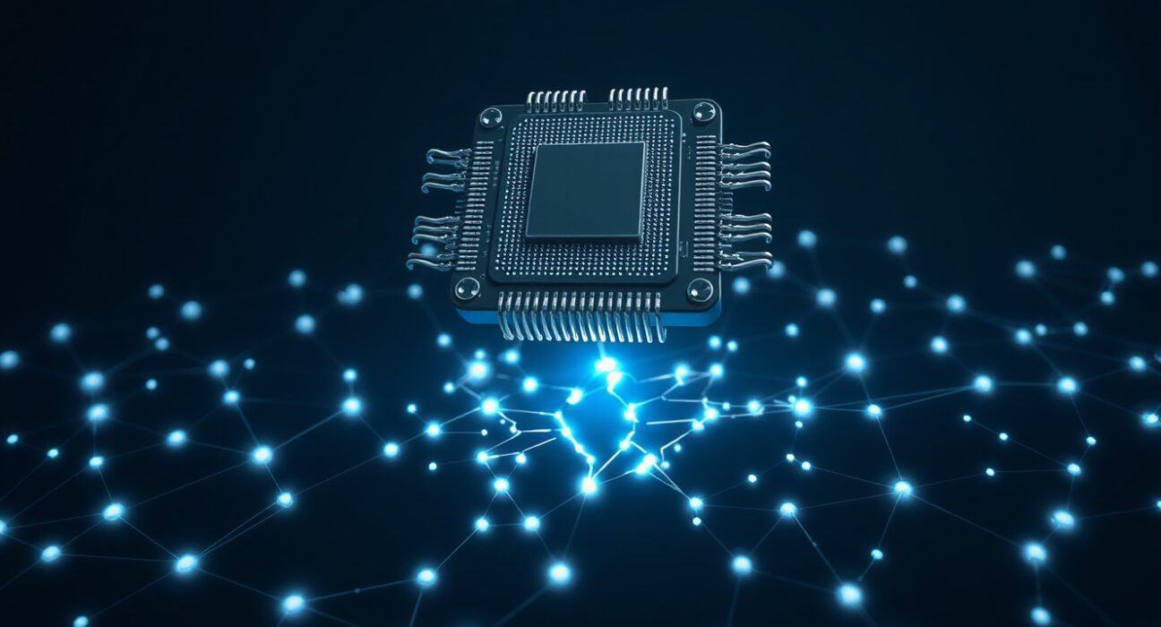 Quantum computer processor threatening blockchain network security, illustrating Coinbase's warning.