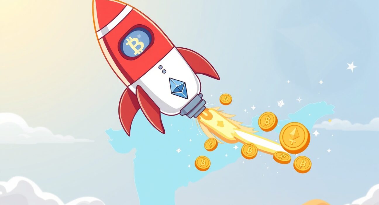 Coinbase India relaunch symbolized by a crypto-themed rocket launching from a map of India.