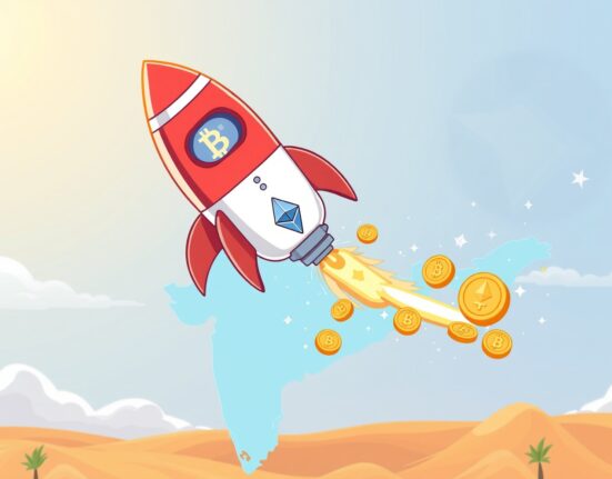Coinbase India relaunch symbolized by a crypto-themed rocket launching from a map of India.