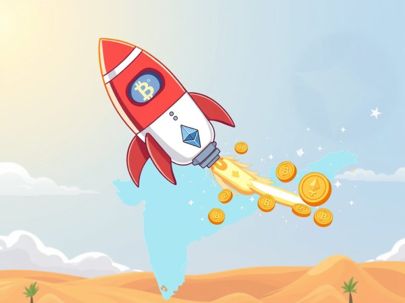 Coinbase India relaunch symbolized by a crypto-themed rocket launching from a map of India.