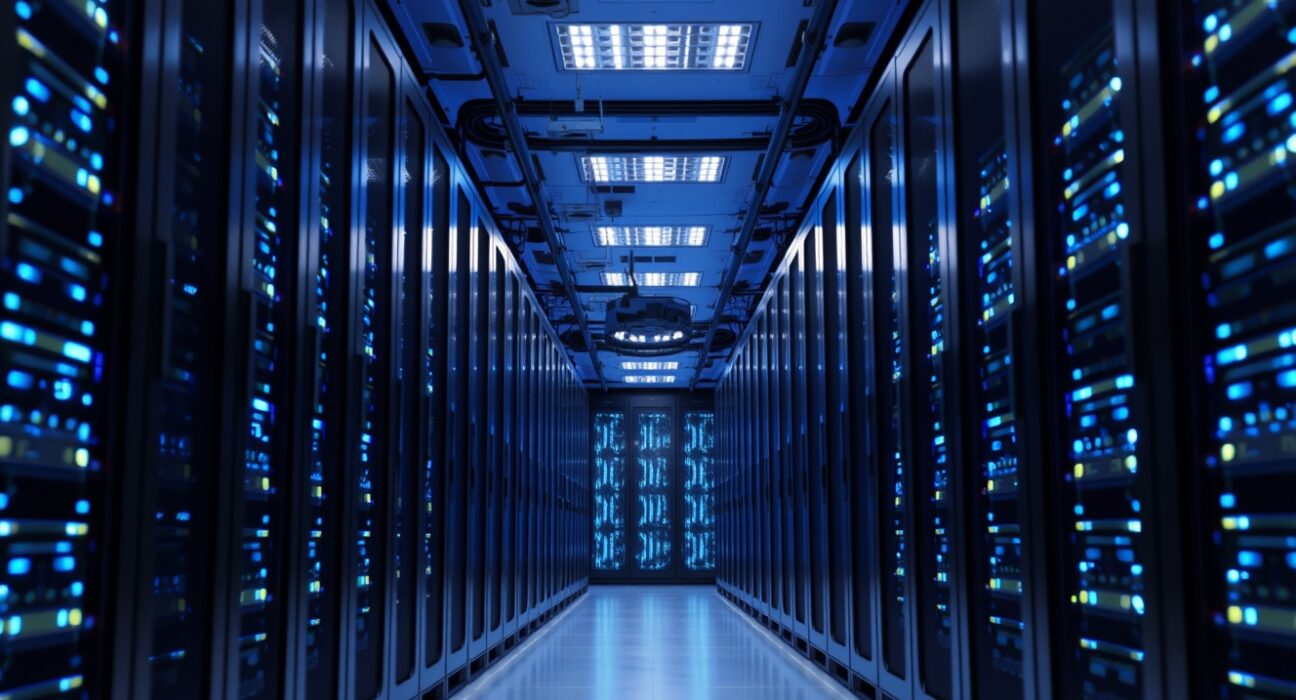 Interior of a modern data center with rows of servers and cool blue lighting