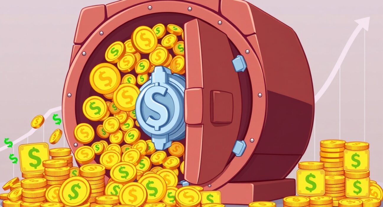 A vault overflowing with digital coins and dollar signs, representing the impressive Coinbase revenue growth in Q3.