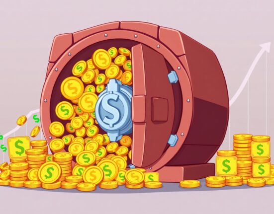 A vault overflowing with digital coins and dollar signs, representing the impressive Coinbase revenue growth in Q3.