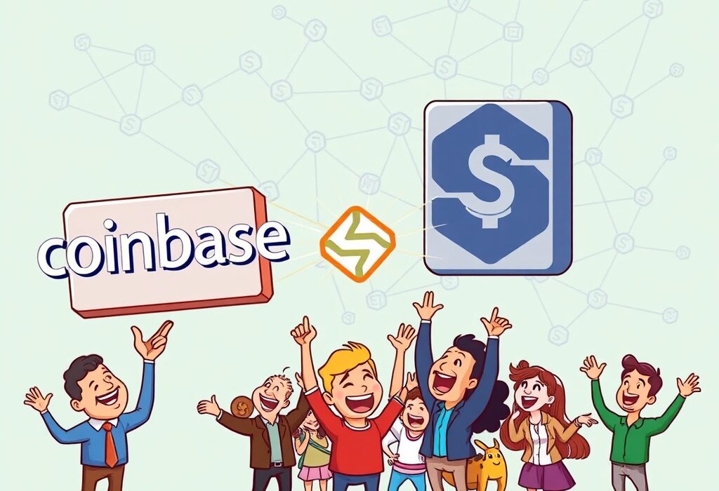 Cartoon illustration depicting Coinbase enabling Sapien on its platform, symbolizing enhanced Coinbase Sapien support and new opportunities.